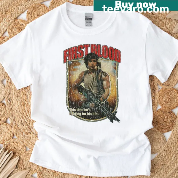Distressed vintage First Blood 1982 t-shirt with film imagery