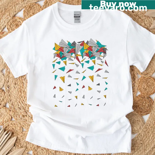 Playful Flying Paper Planes t-shirt with typographic design
