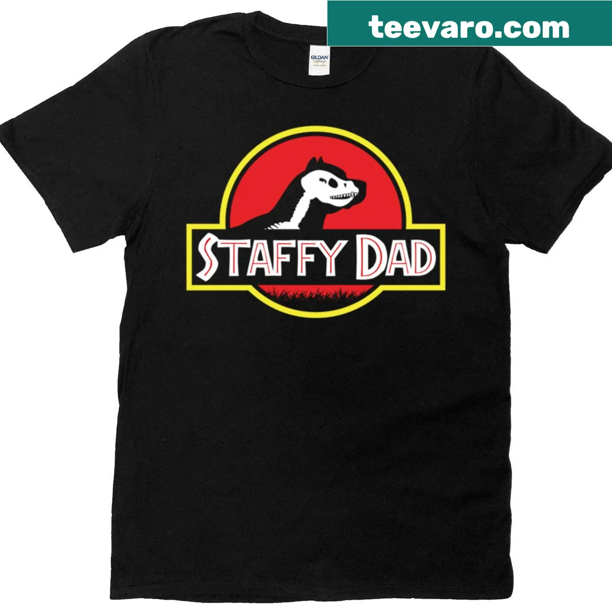 Illustrated oversized t-shirt featuring a Staffy with a Jurassic theme — on a men's t-shirt
