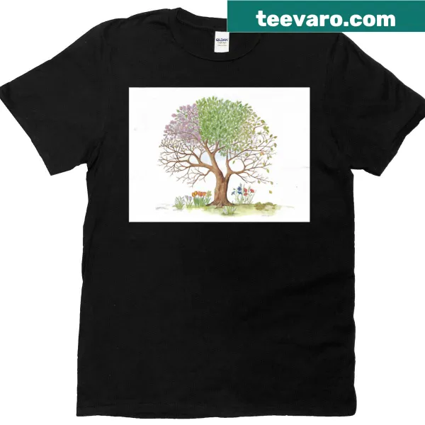 Four-season tree illustration T-shirt showing seasonal changes