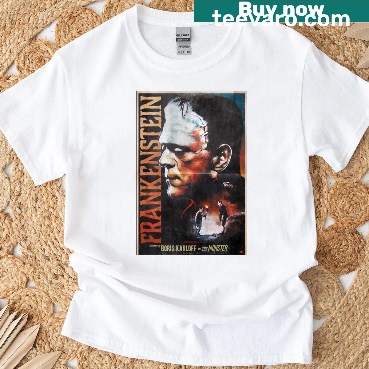 Illustrative T-shirt featuring Frankenstein's monster — on a men's t-shirt