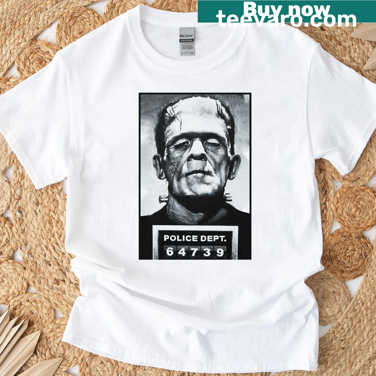 Frankenstein mugshot illustration on oversized t-shirt — on a men's t-shirt