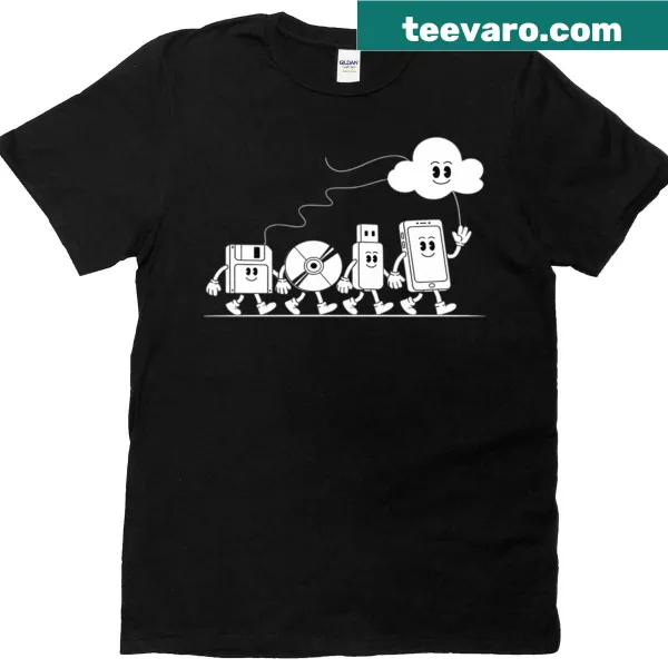 Graphic T-shirt showing the evolution of storage media from floppy disks to cloud.