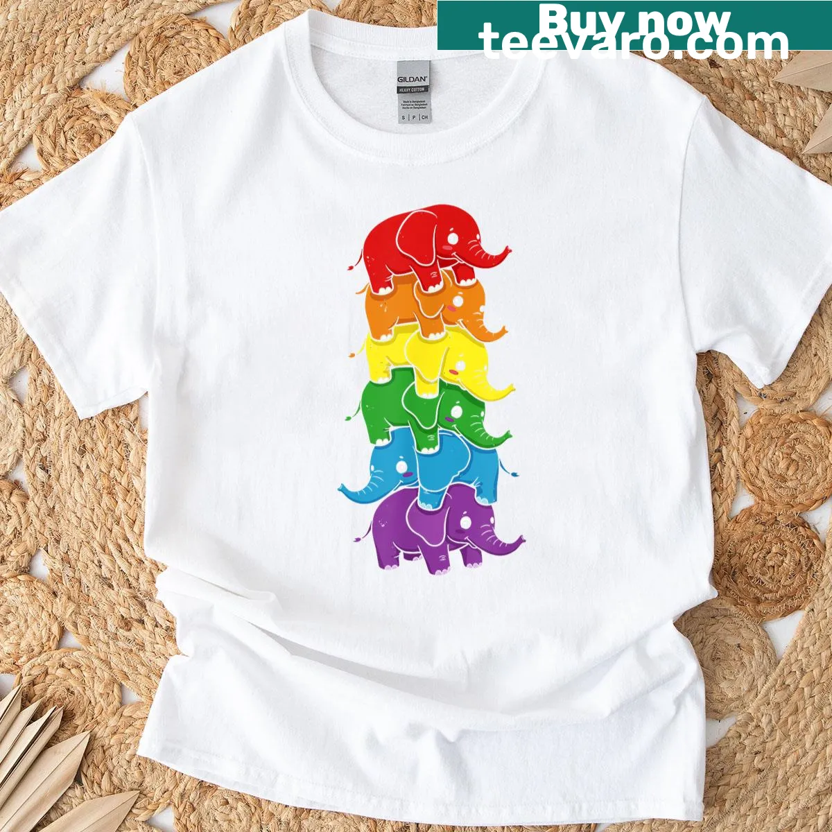 Whimsical LGBT elephant graphic T-shirt with rainbow colors — on a men's t-shirt