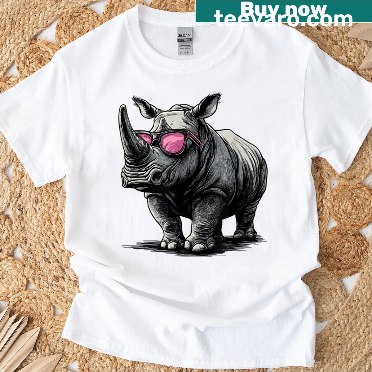 Cartoon rhino wearing sunglasses t-shirt — on a men's t-shirt