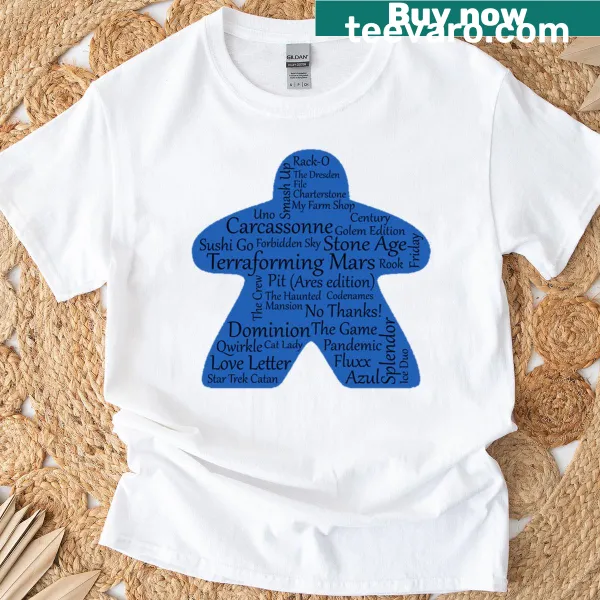 Gaming-themed T-shirt with meeple and game titles