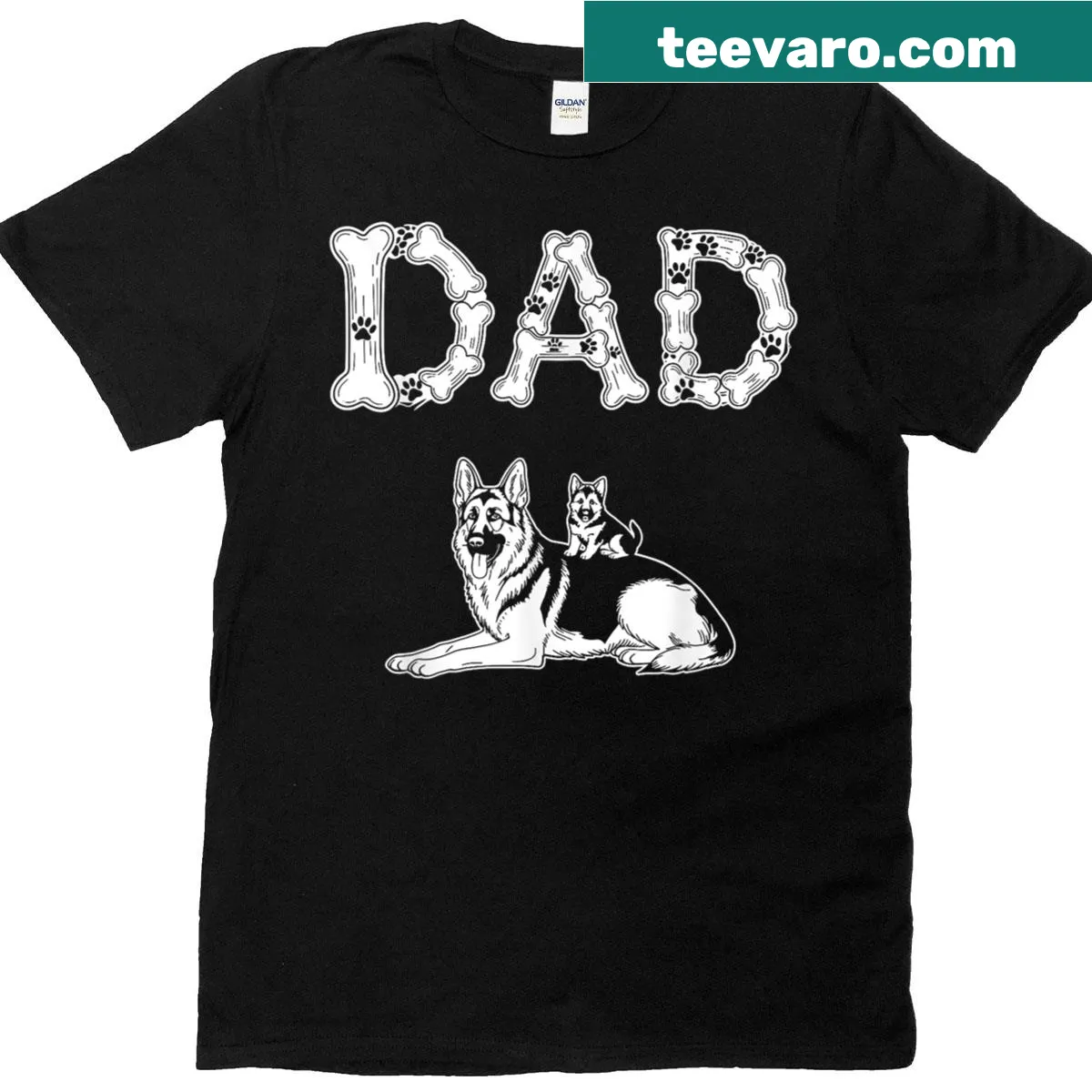 Illustration of a German Shepherd with 'Dad' text on a t-shirt — on a men's t-shirt