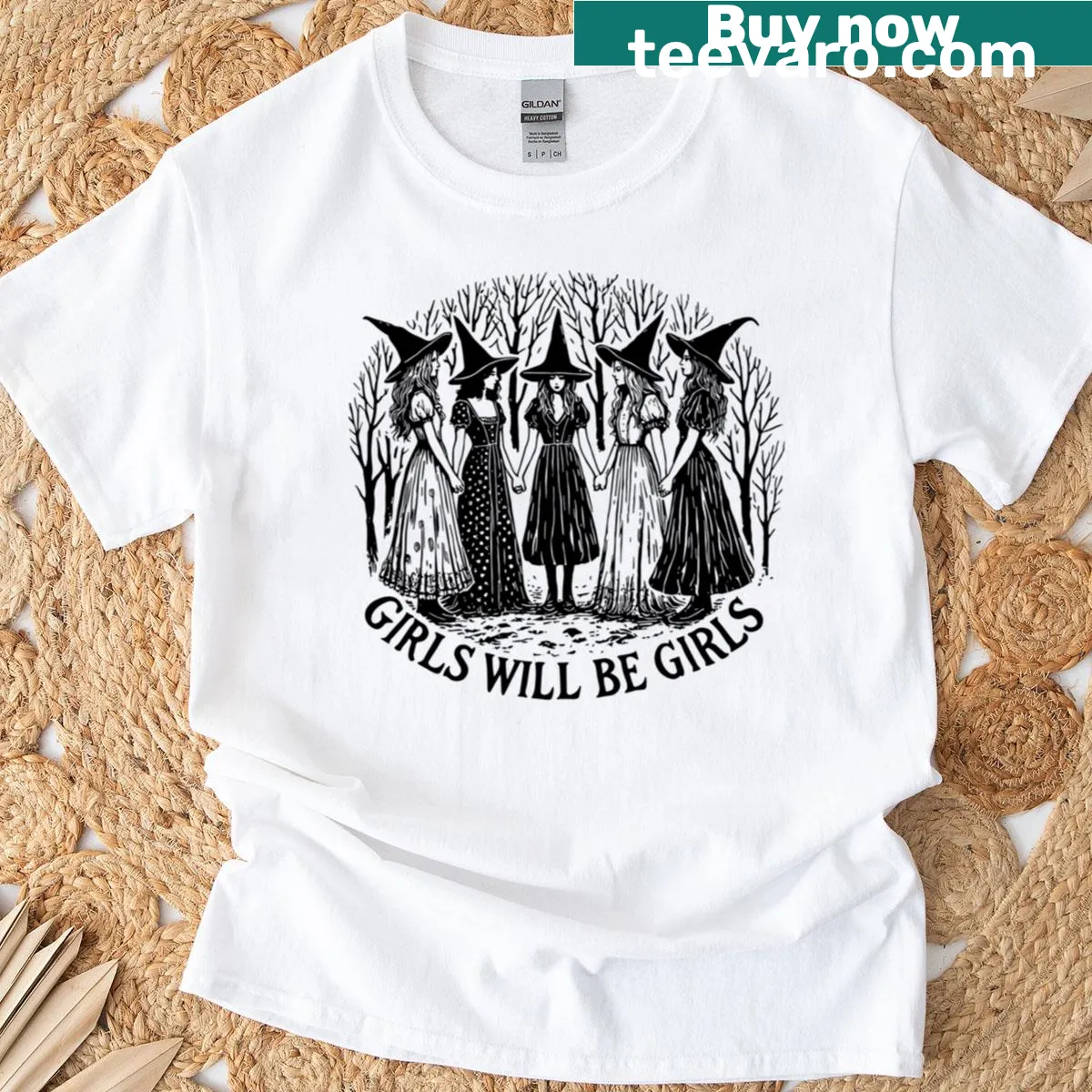 Whimsical witch-themed graphic on a vintage-style t-shirt — on a men's t-shirt
