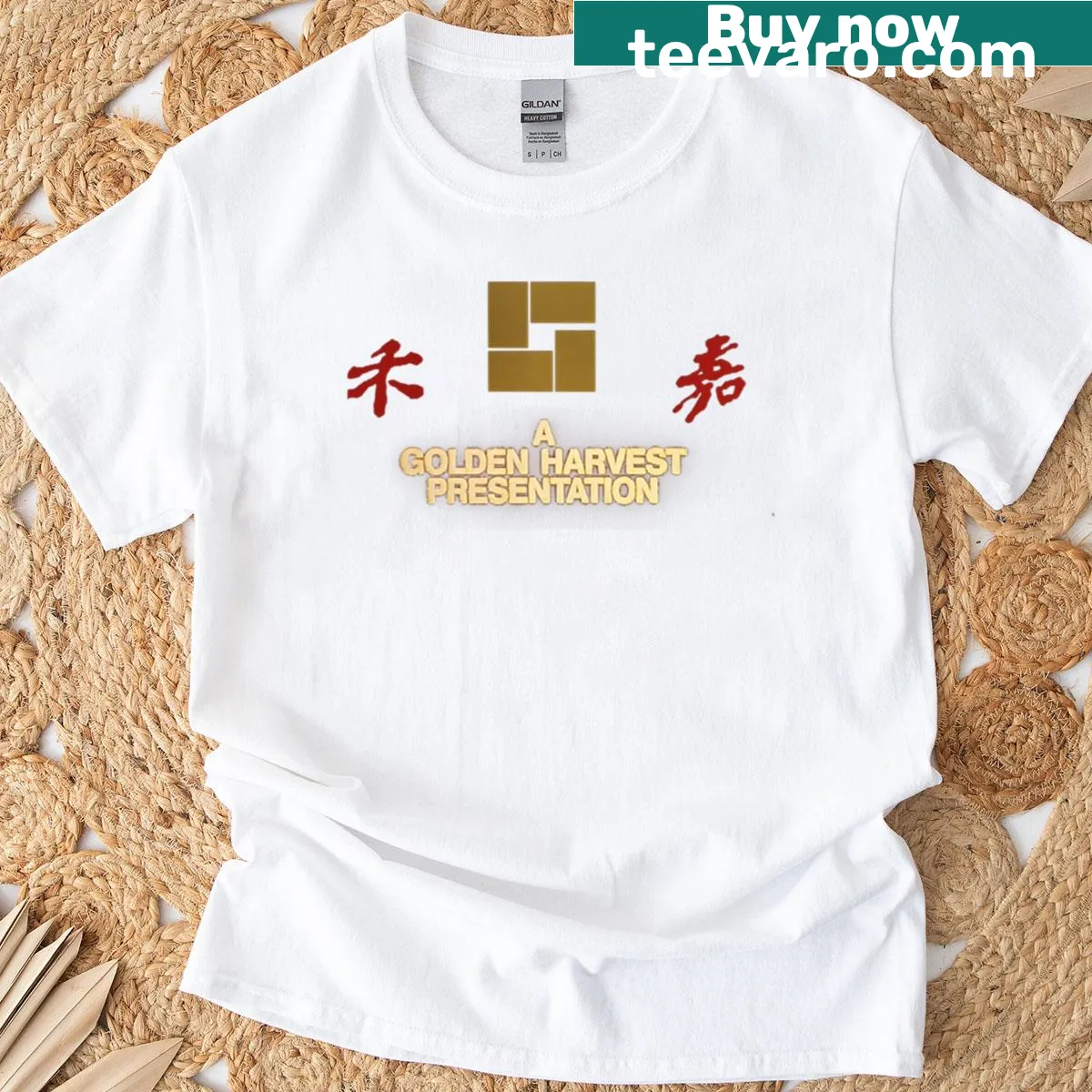 T-shirt featuring the Golden Harvest logo — on a men's t-shirt