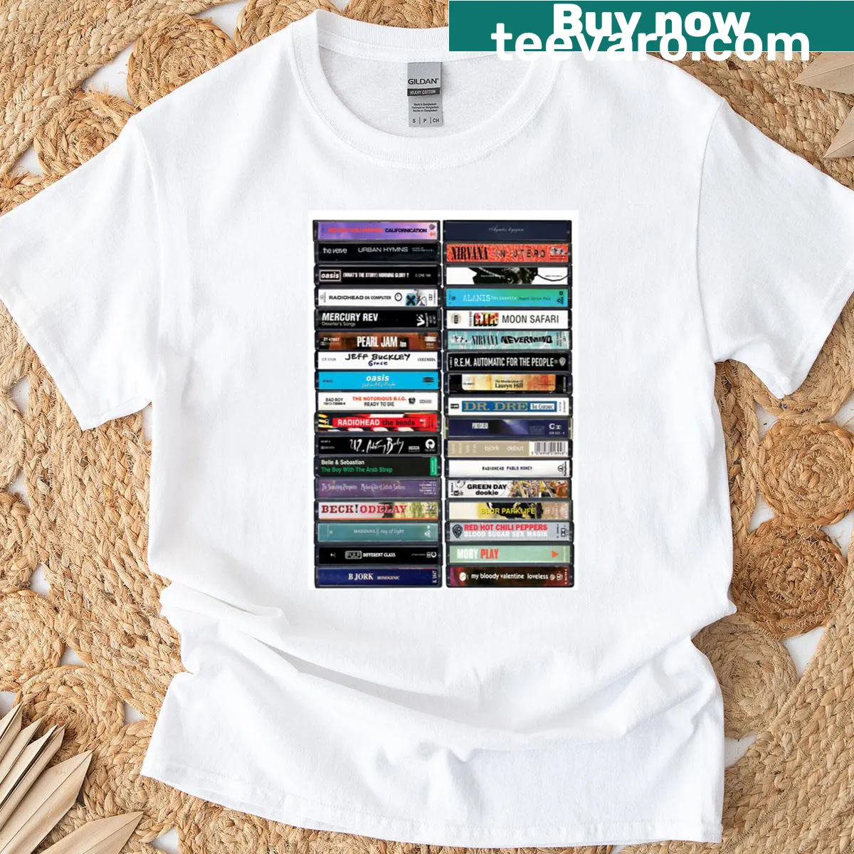 Vintage cassette print t-shirt celebrating 1990s albums — on a men's t-shirt