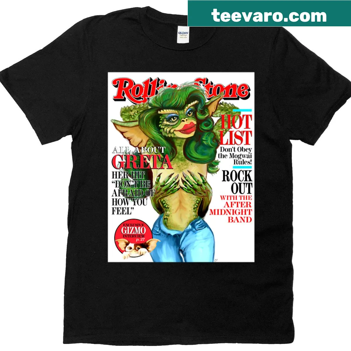Vintage Greta Gremlin t-shirt referencing 1980s pop culture — on a men's t-shirt