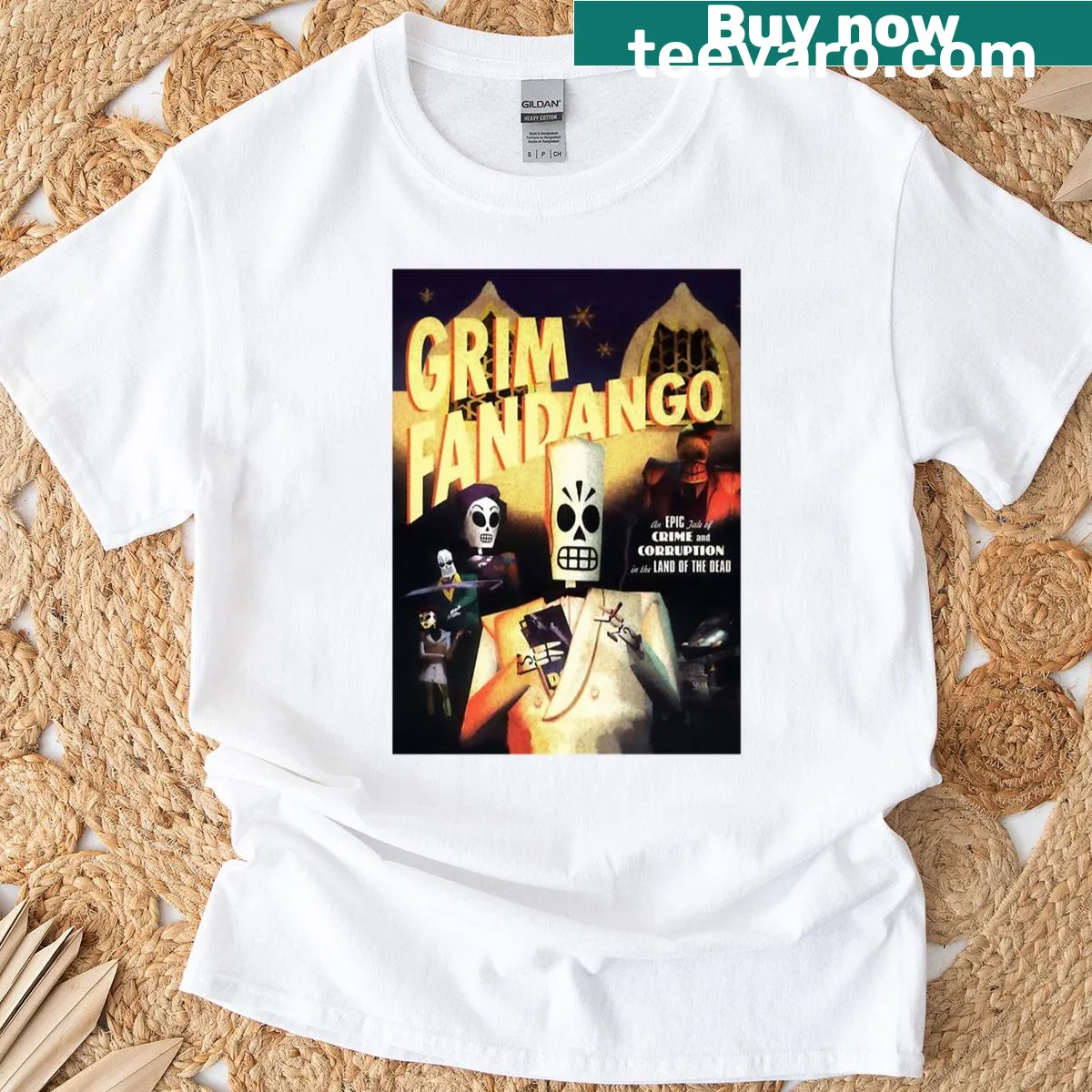 Whimsical Grim Fandango graphic t-shirt featuring game characters — on a men's t-shirt