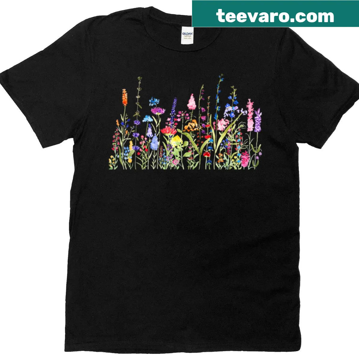 Hand-painted wildflower field t-shirt design — on a men's t-shirt
