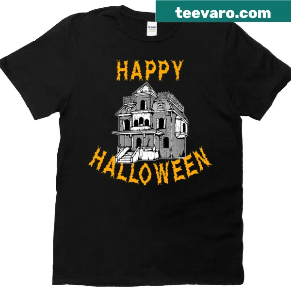 Whimsical haunted house graphic t-shirt for Halloween