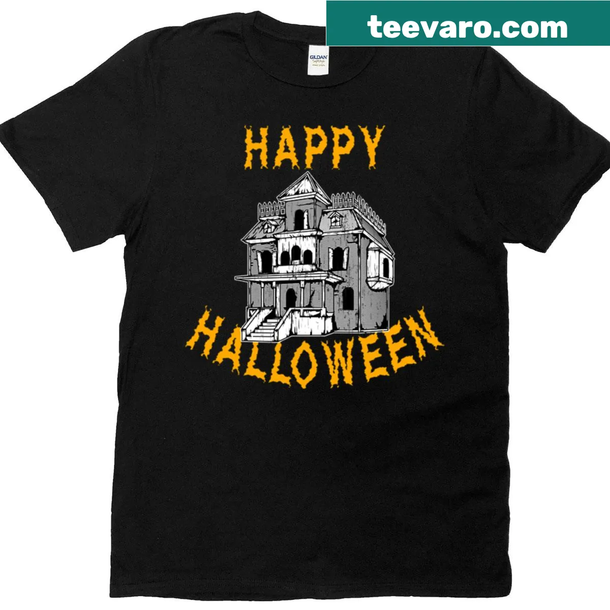 Whimsical haunted house graphic t-shirt for Halloween — on a men's t-shirt