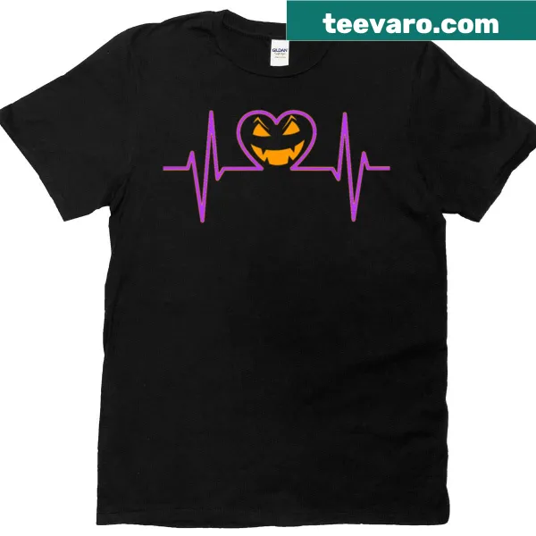 Cartoon Jack O' Lantern Halloween T-shirt with heartbeat graphic