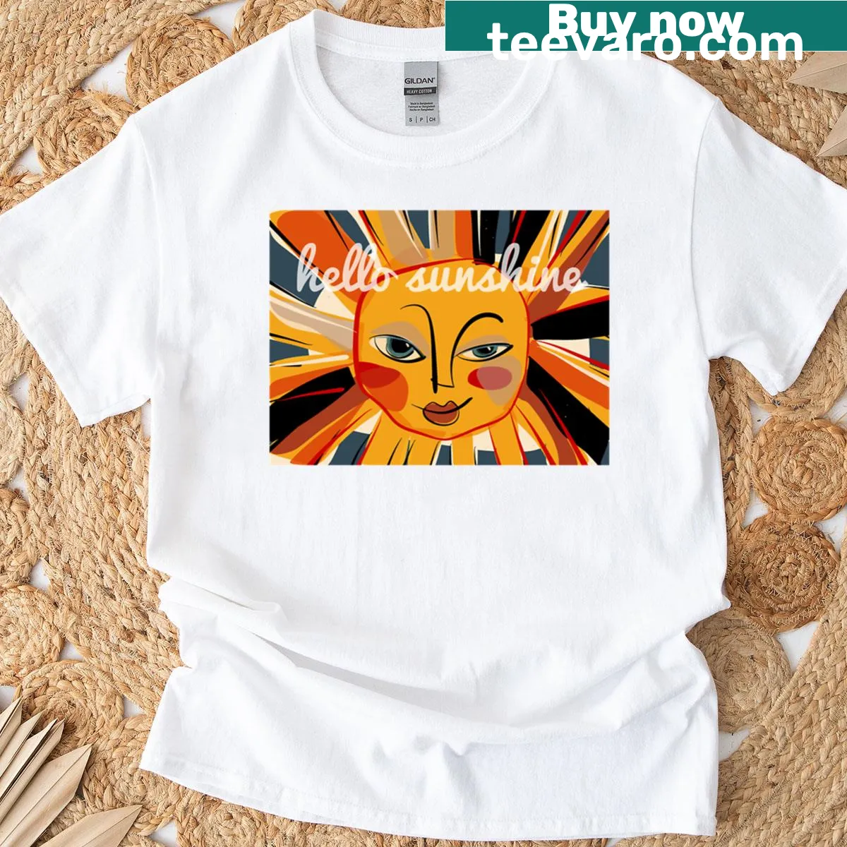 Simple typography shirt reading 'Hello Sunshine' for a positive vibe — on a men's t-shirt