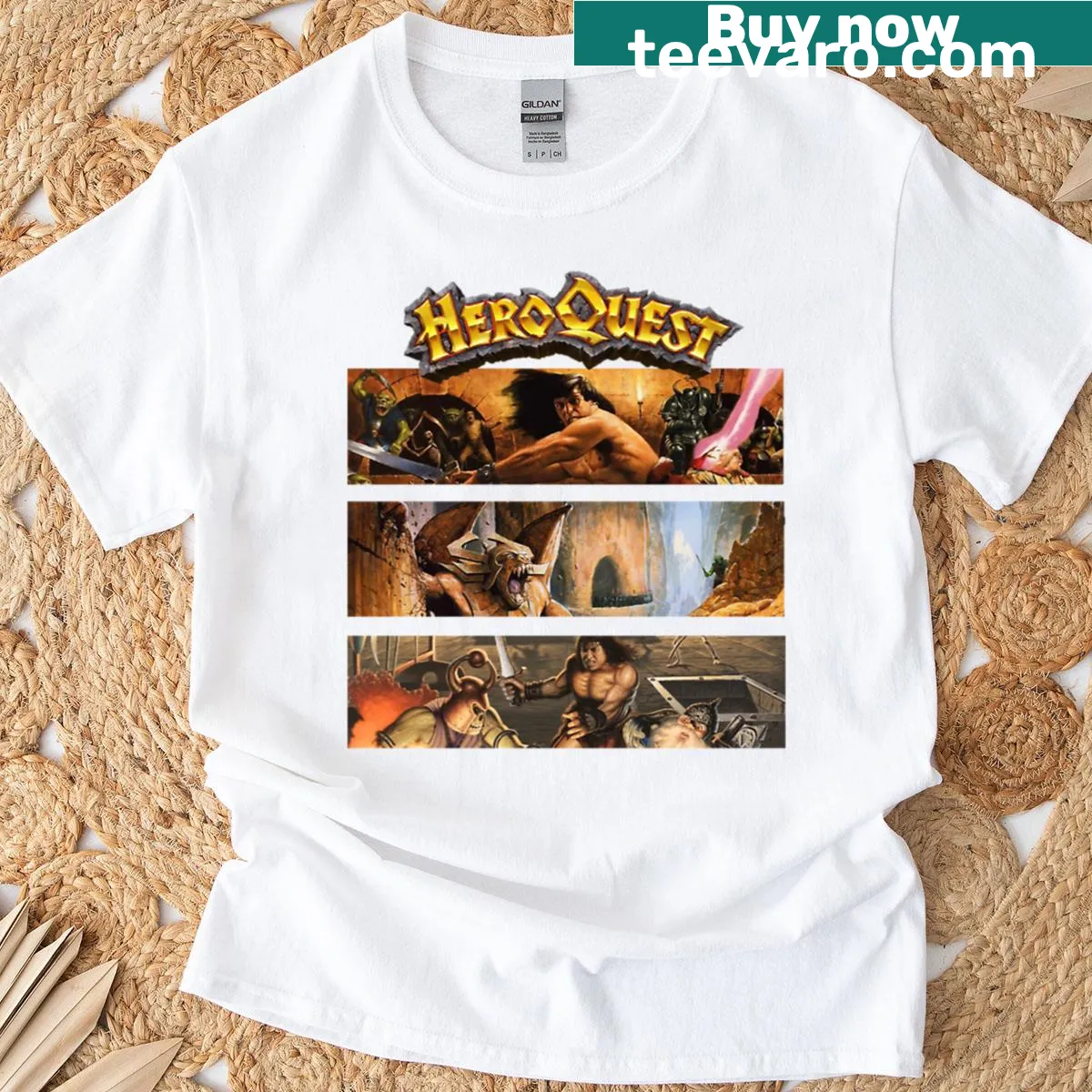 Vintage design celebrating Heroquest game on a t-shirt — on a men's t-shirt