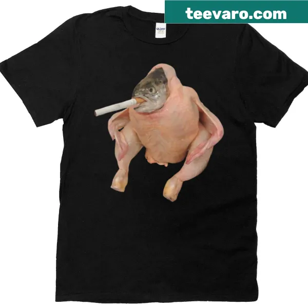 Meme-inspired t-shirt featuring a fish-faced chicken graphic