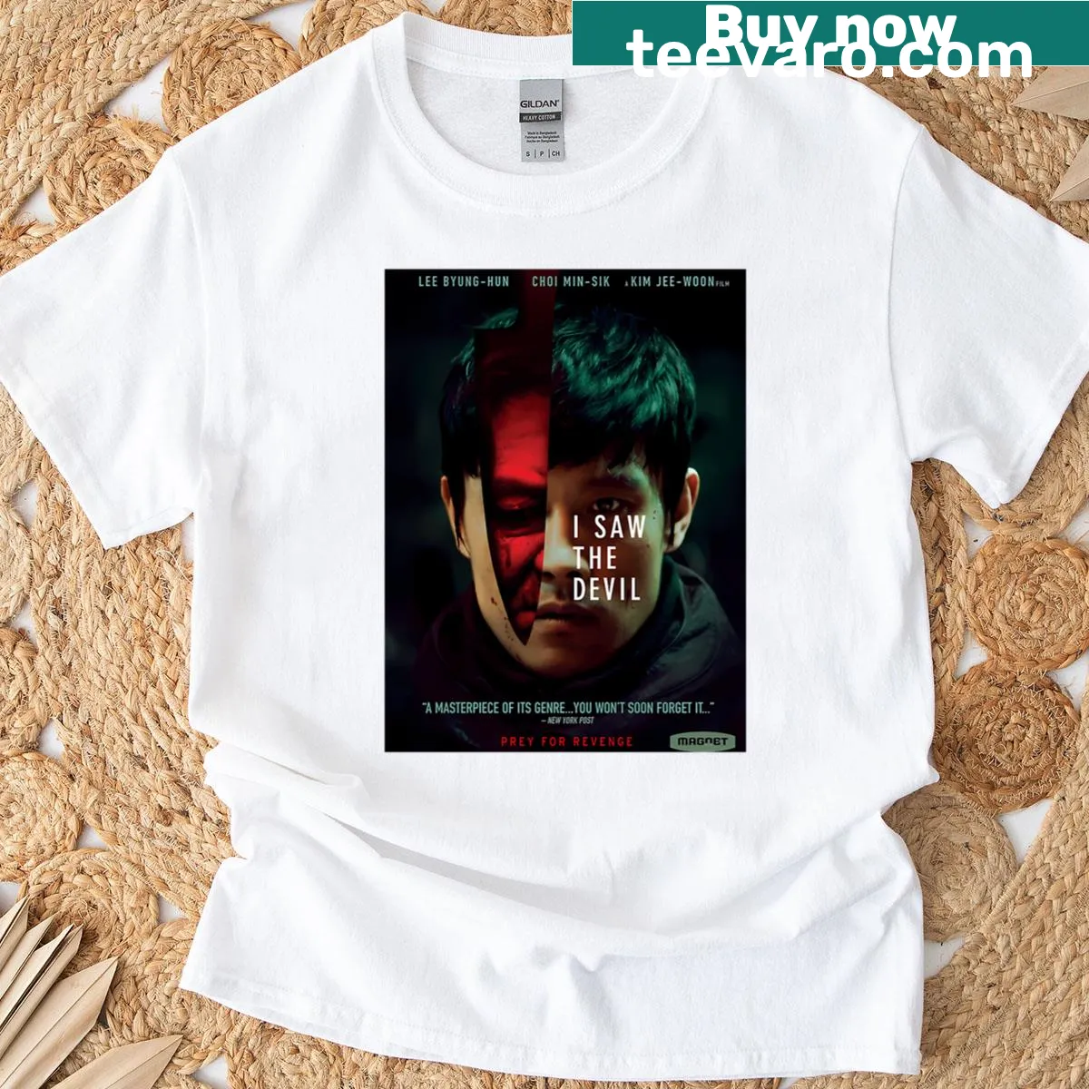 Illustrative horror graphic T-shirt inspired by psychological films — on a men's t-shirt