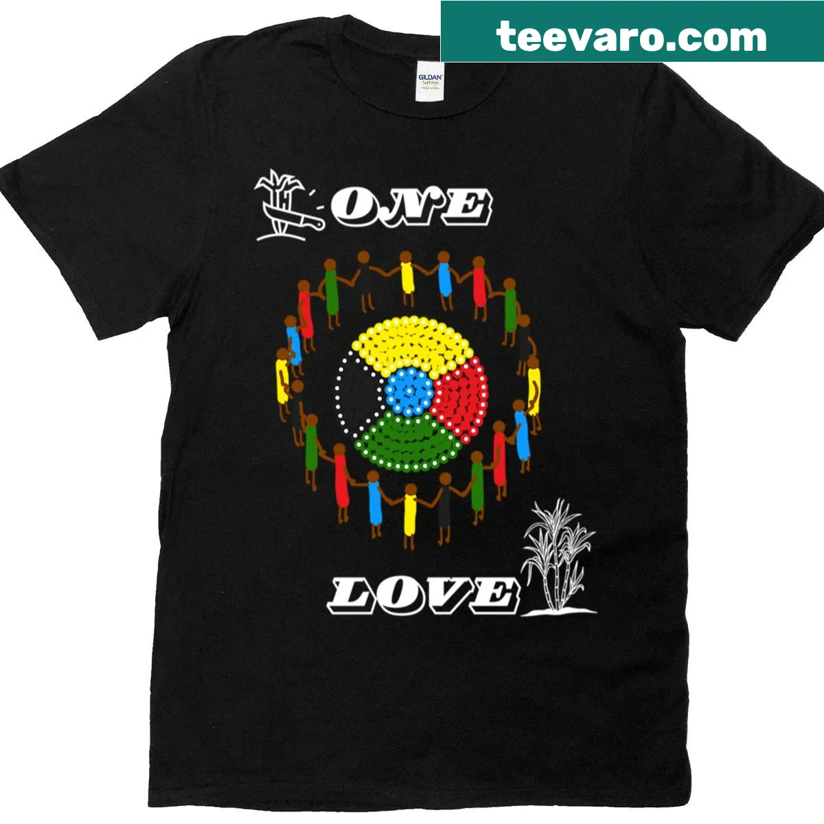 Indigenous dot painting design t-shirt promoting love and unity — on a men's t-shirt