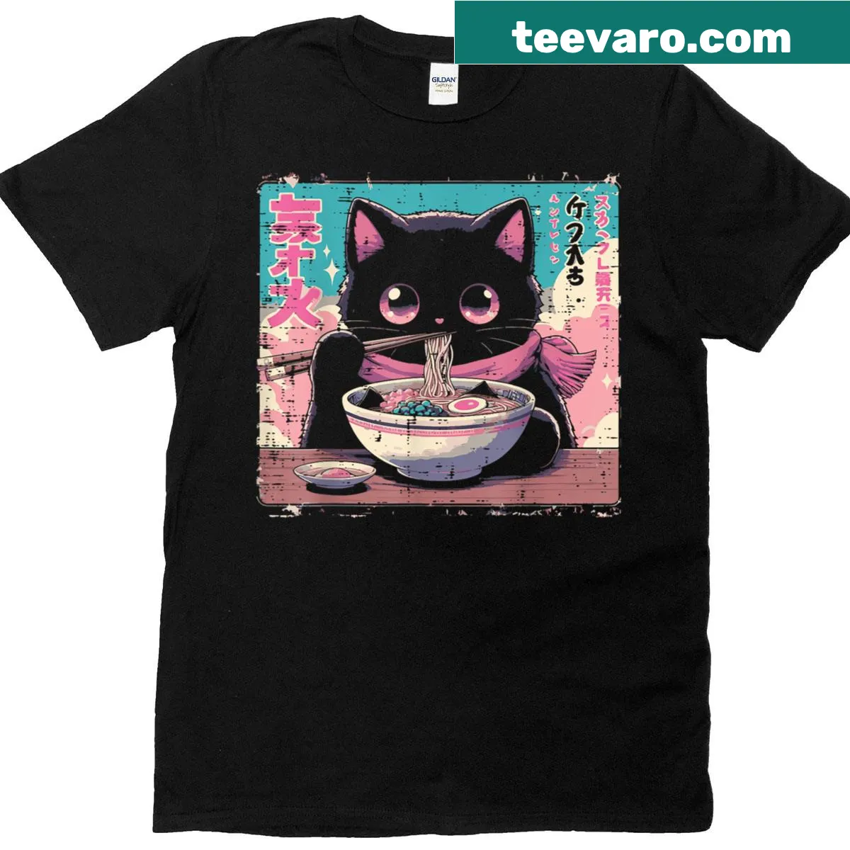Cute Ukiyoe art toddler t-shirt featuring a cat with ramen — on a men's t-shirt