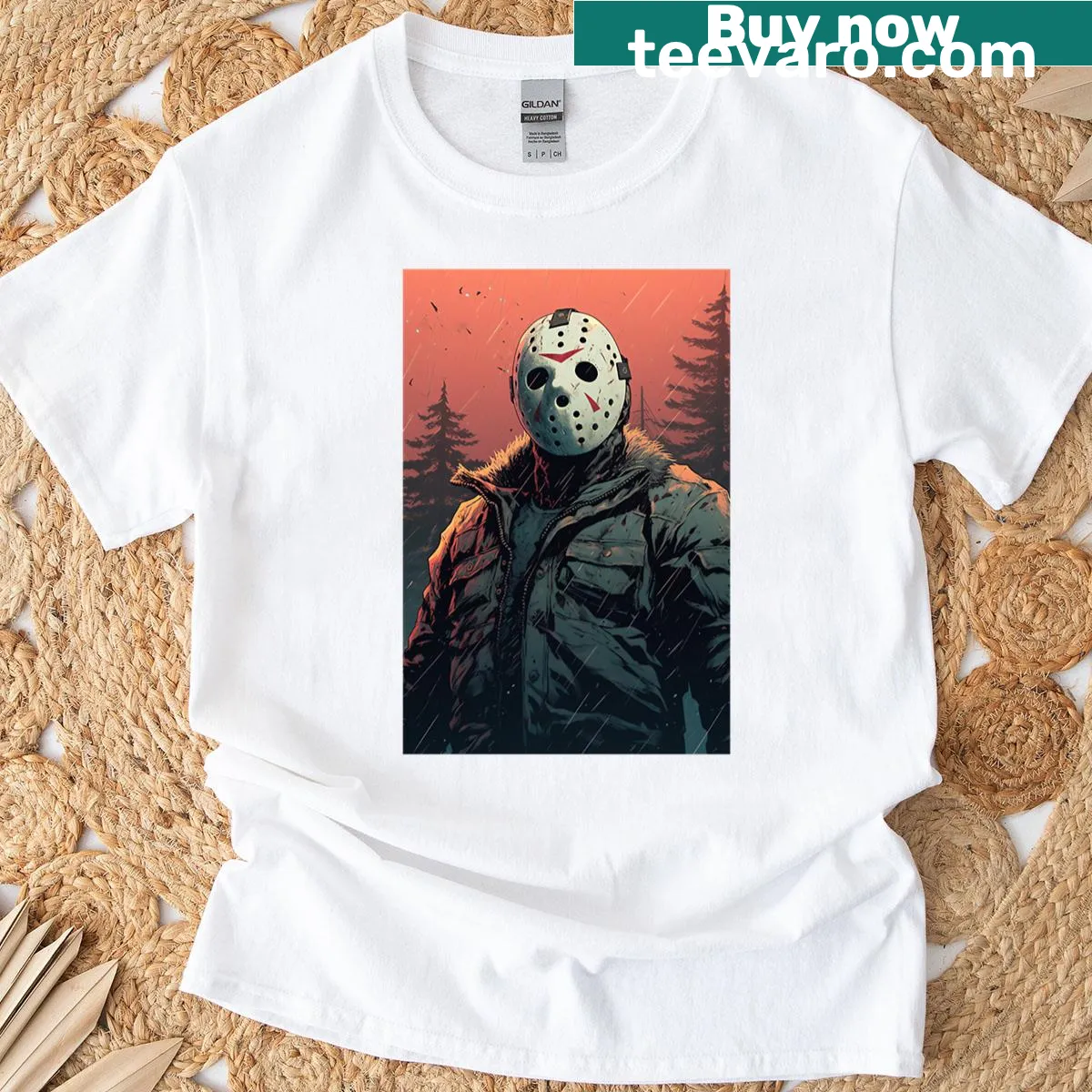 Digital illustration of Jason Voorhees from Friday the 13th on a t-shirt — on a men's t-shirt