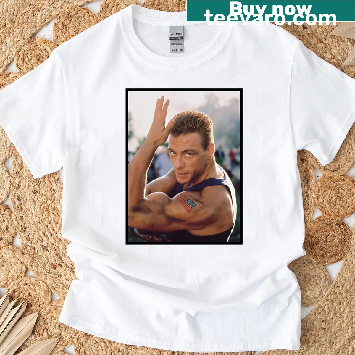 Jean Claude Van Damme tribute t-shirt featuring strong typography — on a men's t-shirt
