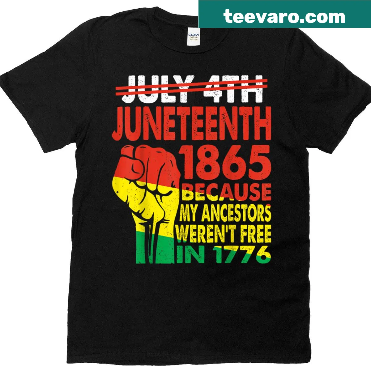 Illustration T-shirt combining July 4th and Juneteenth themes — on a men's t-shirt
