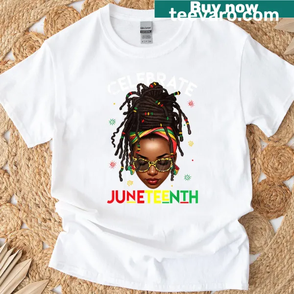 Cheerful t-shirt celebrating Juneteenth with illustration of Black woman