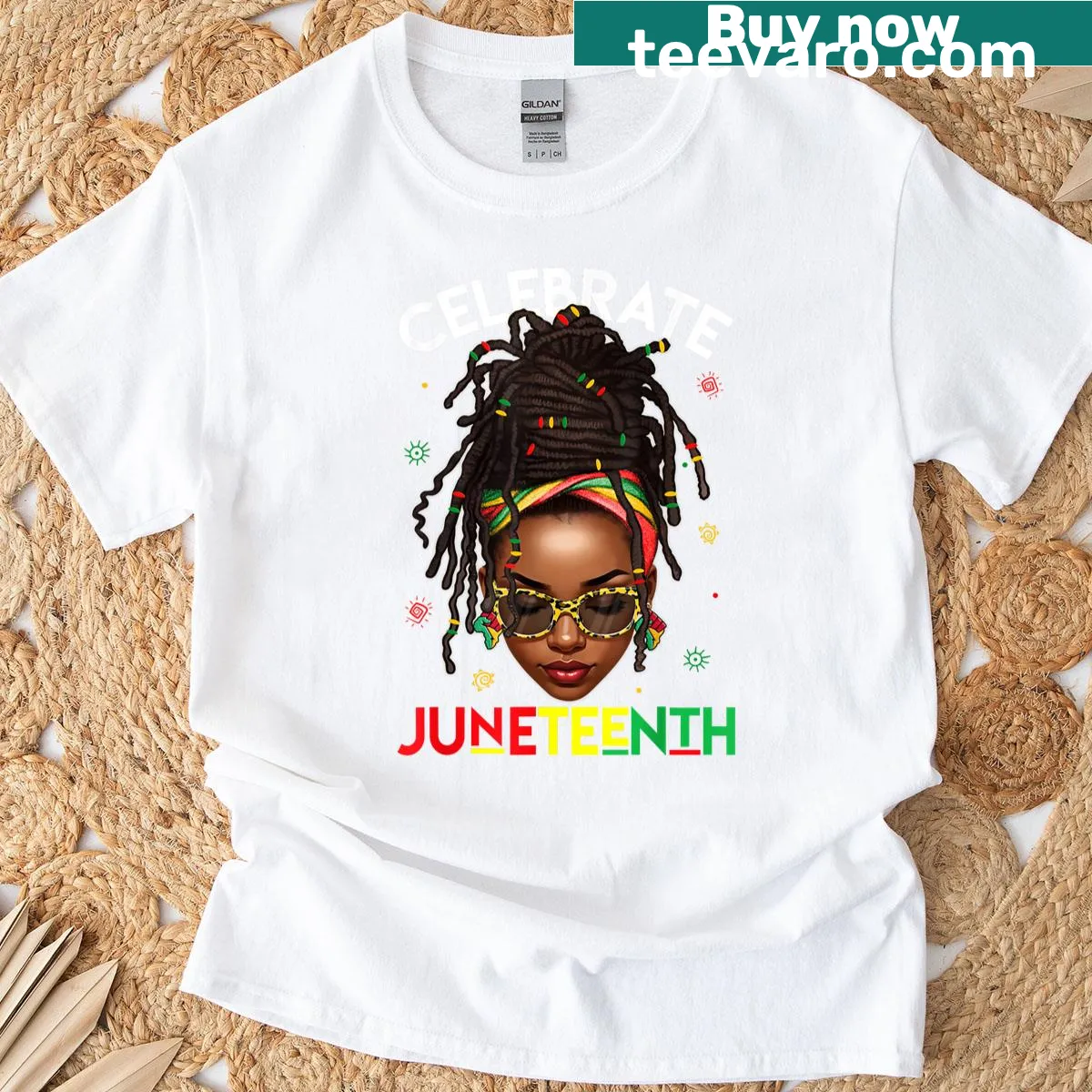 Cheerful t-shirt celebrating Juneteenth with illustration of Black woman — on a men's t-shirt