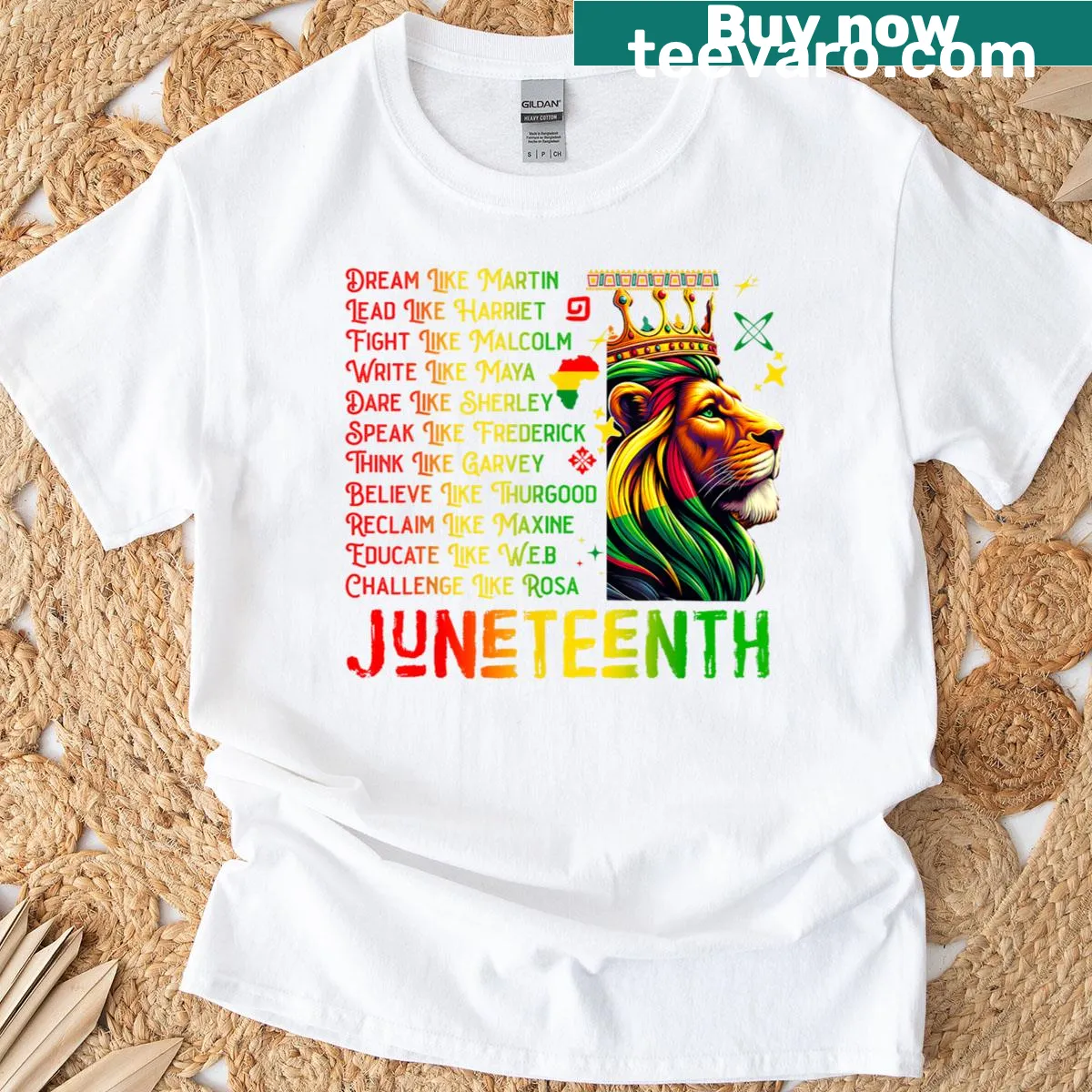 T-shirt featuring a lion graphic celebrating leaders in Black history — on a men's t-shirt