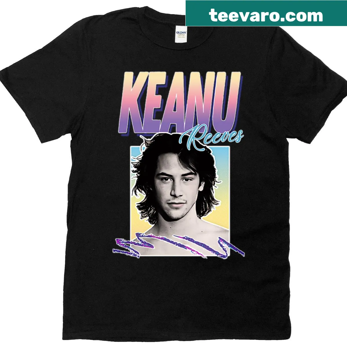 90s aesthetic graphic T-shirt featuring Keanu Reeves design. — on a men's t-shirt