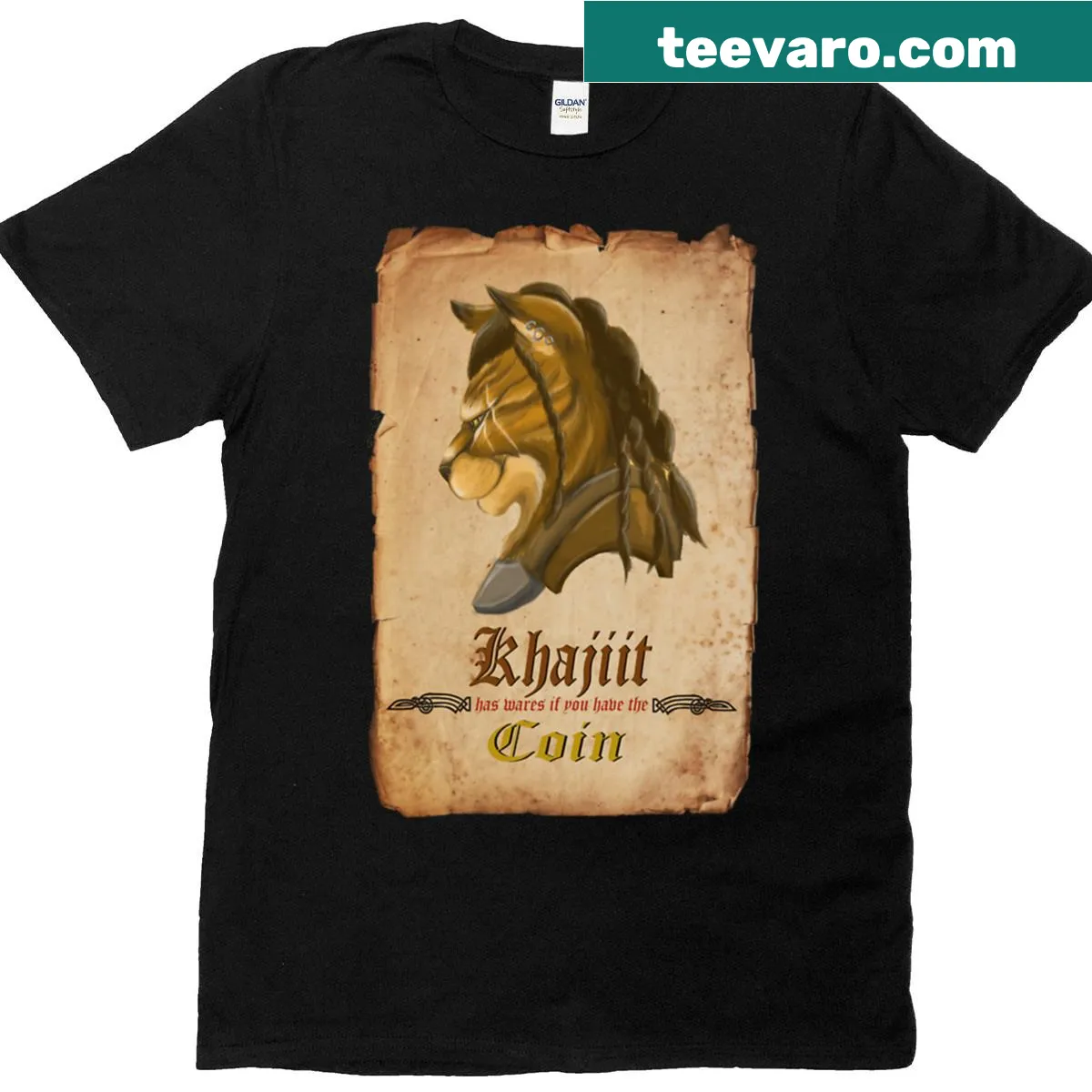 T-shirt featuring the phrase 'Khajiit Has Wares' in playful lettering — on a men's t-shirt