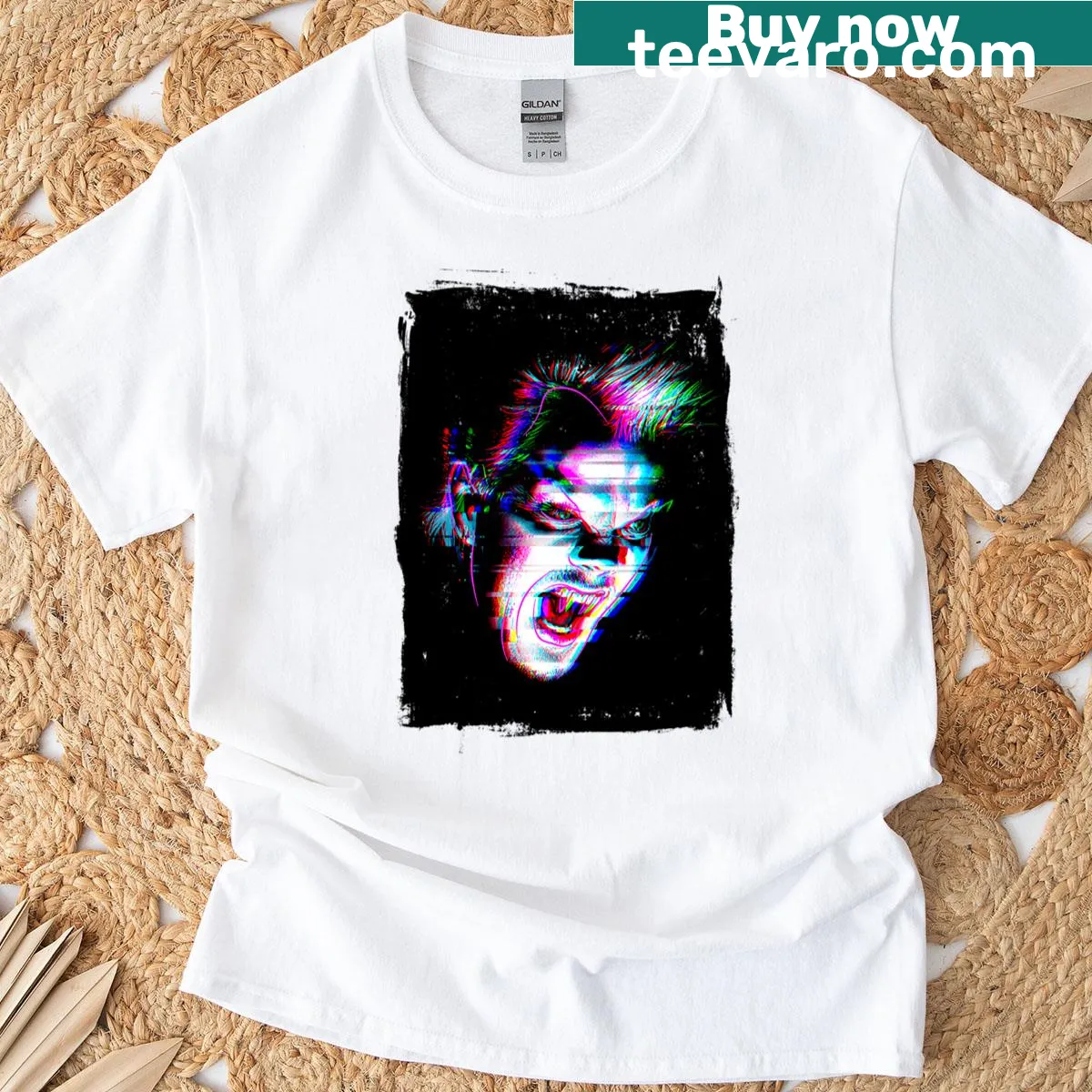 Retro-inspired t-shirt featuring neon design related to 'The Lost Boys' — on a men's t-shirt