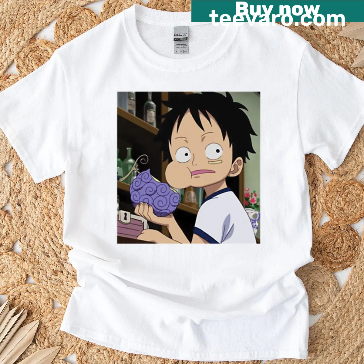 Illustration of Luffy eating a devil fruit from anime — on a men's t-shirt