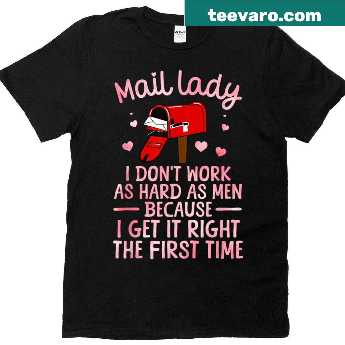 Illustrated T-shirt honoring women postal workers with a cheerful design — on a men's t-shirt