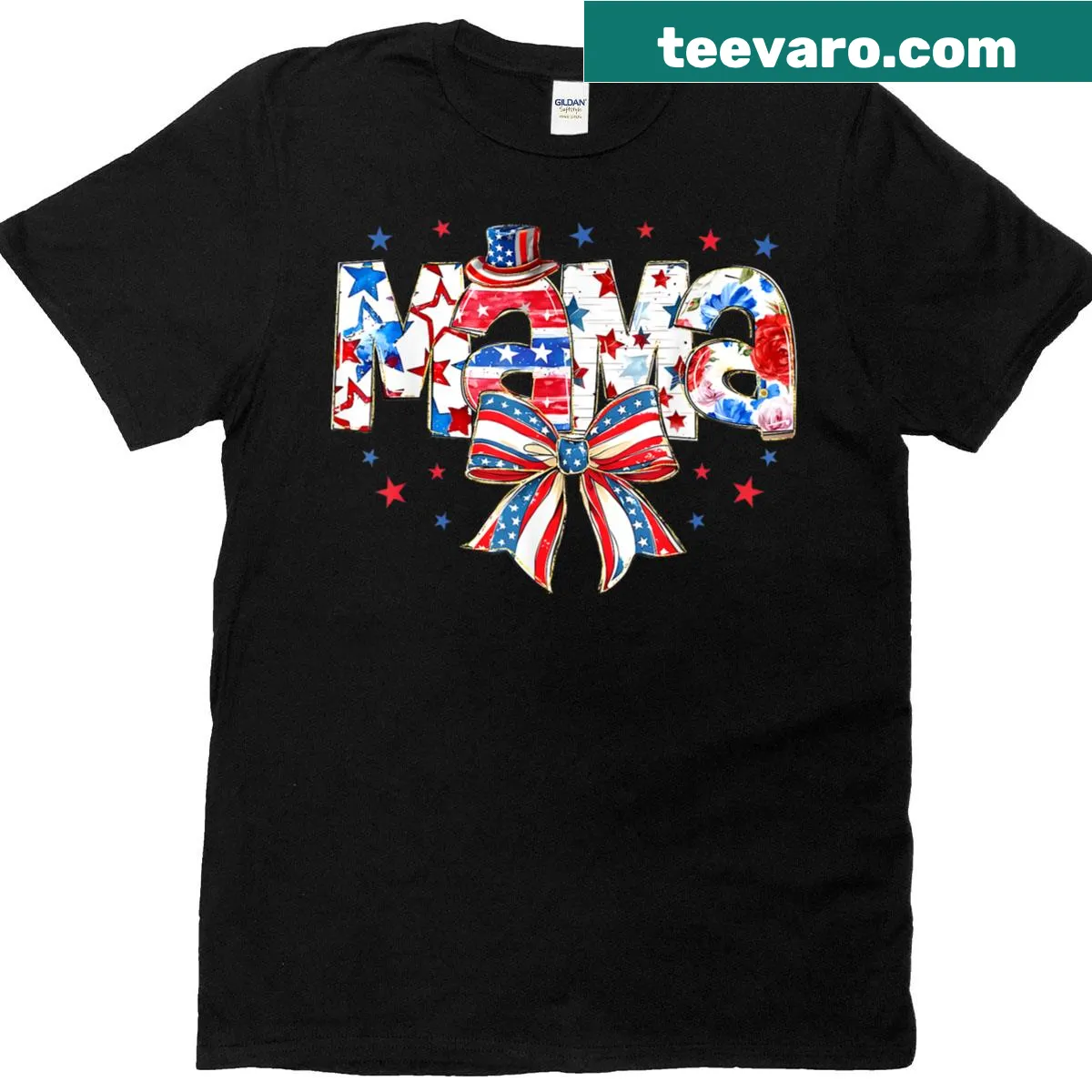 Artistic bow design resembling the American flag on a women's T-shirt — on a men's t-shirt