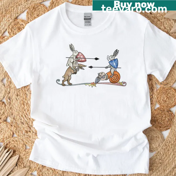 T-shirt featuring jousting rabbits inspired by medieval marginalia