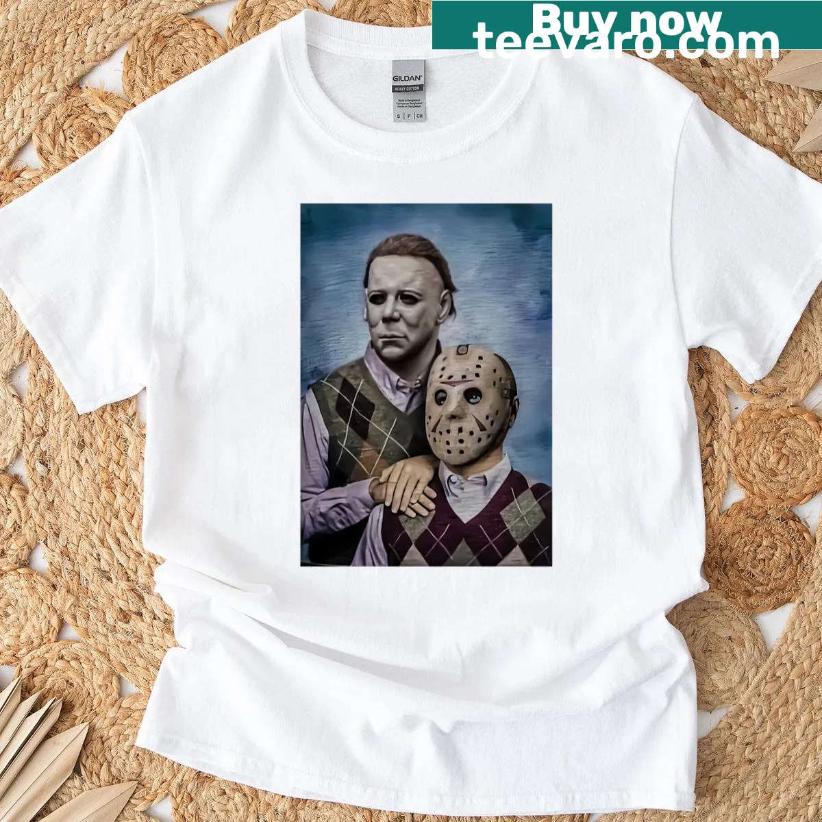 Funny t-shirt featuring Michael Myers and Jason Voorhees as stepbrothers — on a men's t-shirt