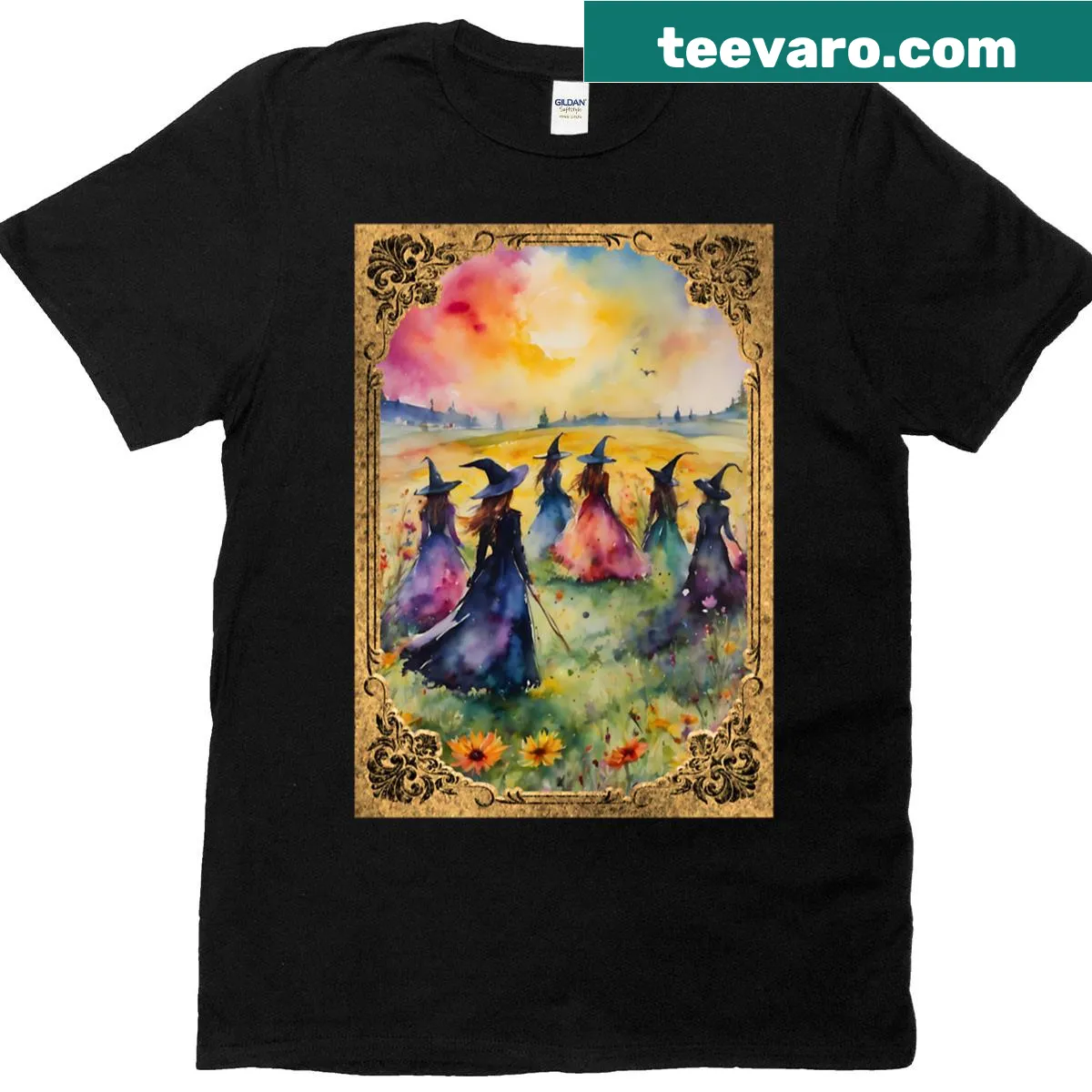 Illustrated T-shirt depicting witches gathering in a mystical scene — on a men's t-shirt