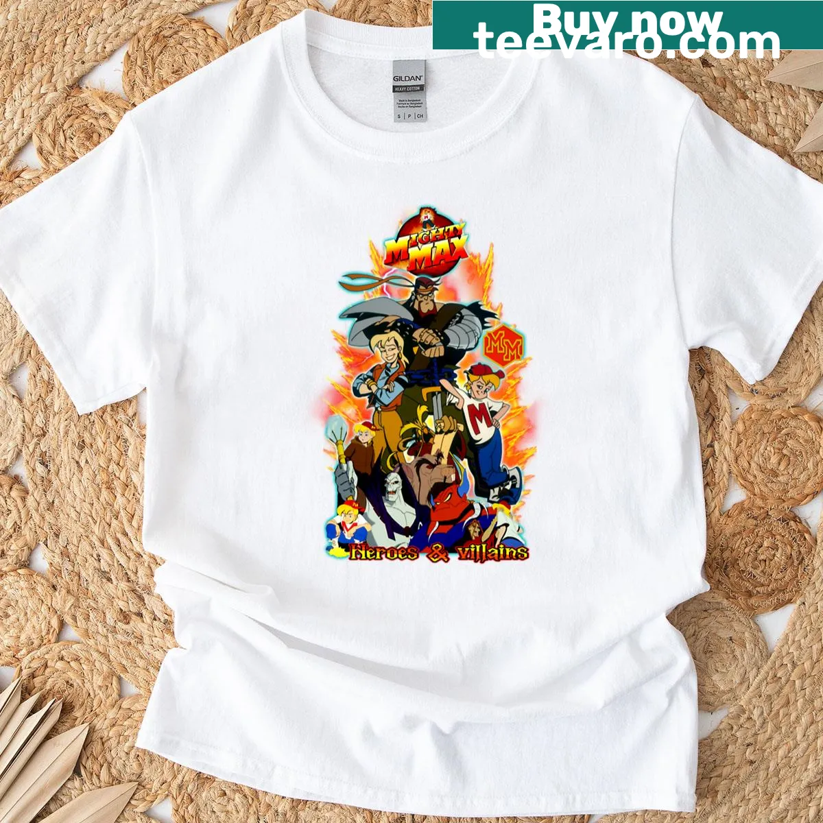 Nostalgic T-shirt featuring Mighty Max heroes and villains design. — on a men's t-shirt