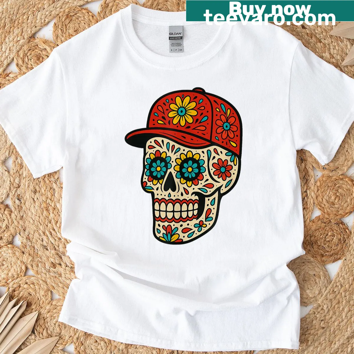 T-shirt featuring a modern sugar skull with a baseball cap — on a men's t-shirt