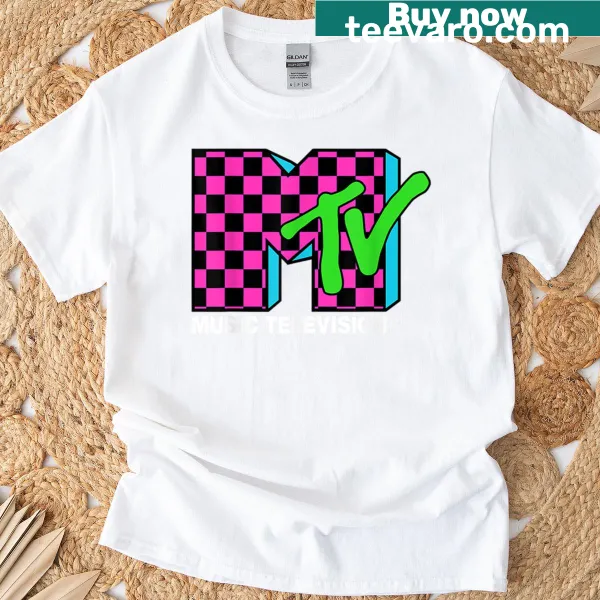 T-shirt featuring an edgy MTV logo in a pink and blue checker design.