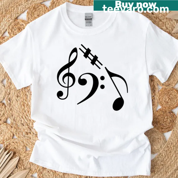 T-shirt featuring a playful pattern of musical notes and symbols.