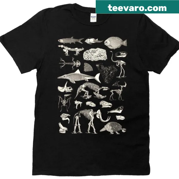 Graphic of dinosaurs and fossils for a fun science-themed shirt