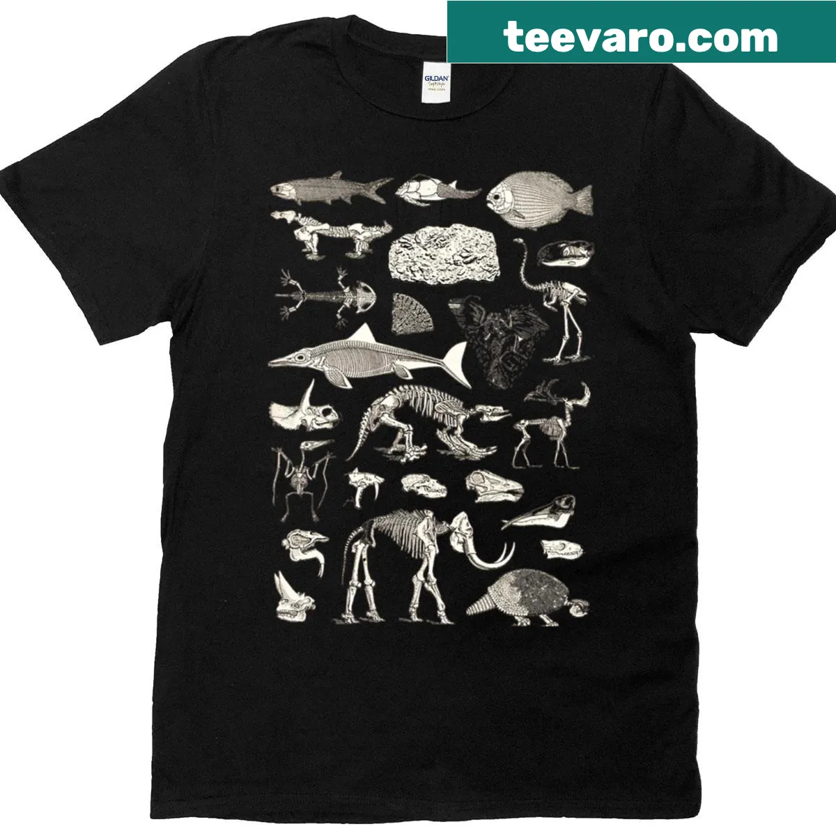 Graphic of dinosaurs and fossils for a fun science-themed shirt — on a men's t-shirt