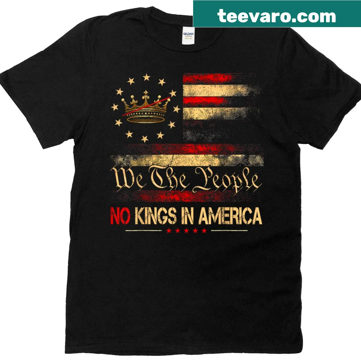 Patriotic t-shirt with 'No Kings In America' graphic — on a men's t-shirt