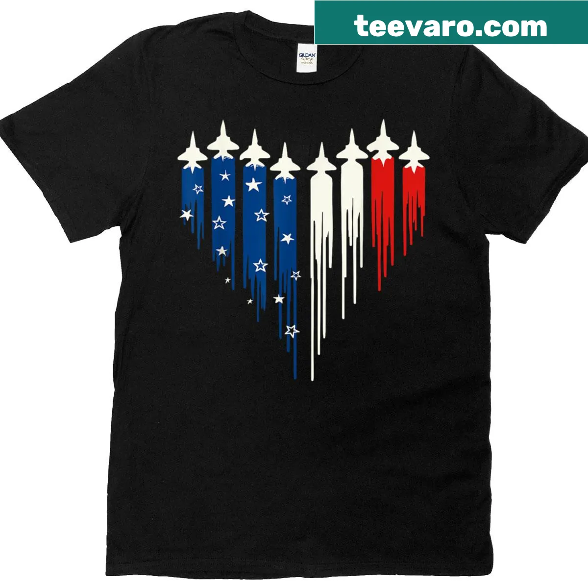 Fighter jets and USA flag graphic for patriotic celebrations — on a men's t-shirt