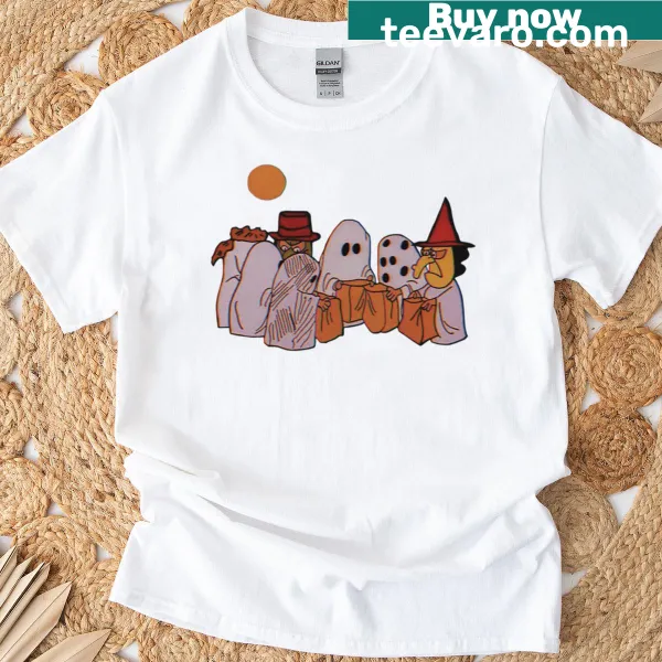 Peanuts Halloween t-shirt featuring cartoon characters celebrating Halloween